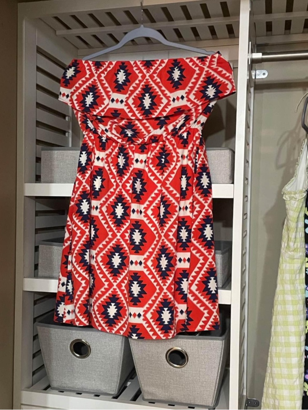 Karlie Strapless Red and Navy Aztec Print Dress